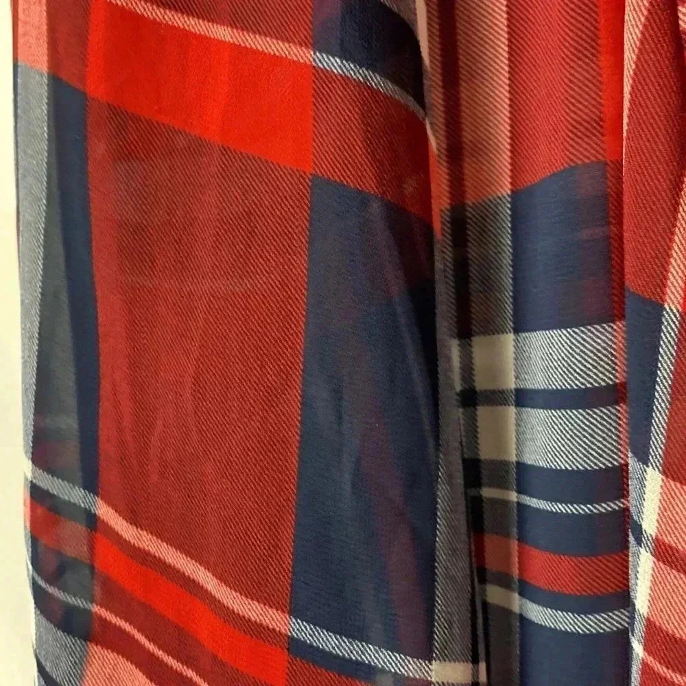 TORRID WO‎ SIZE 0/00 (10/12) LONG NAVY RED PLAID. SHEER OPEN FRONT DUSTER - Picture 4 of 10
